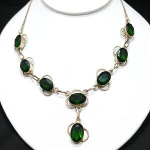 Vintage Green Glass Silver Tone Pendant Necklace, S Hook Clasp, 1970s